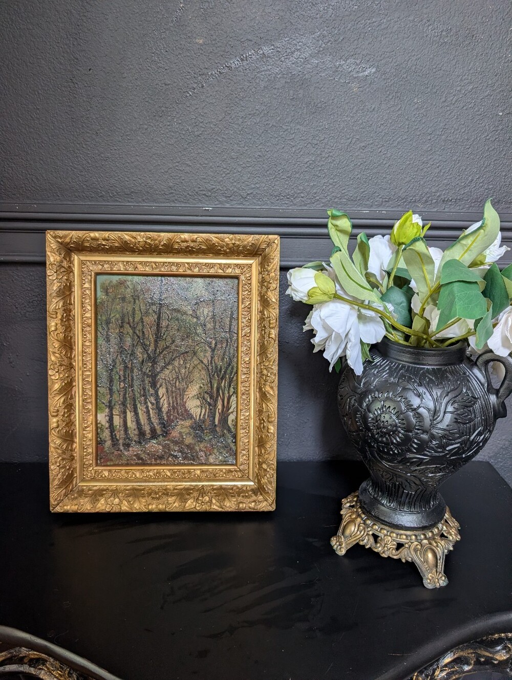 Vintage Original Oil Painting Woodland Forest Path , Ornate Gold Gilt Frame